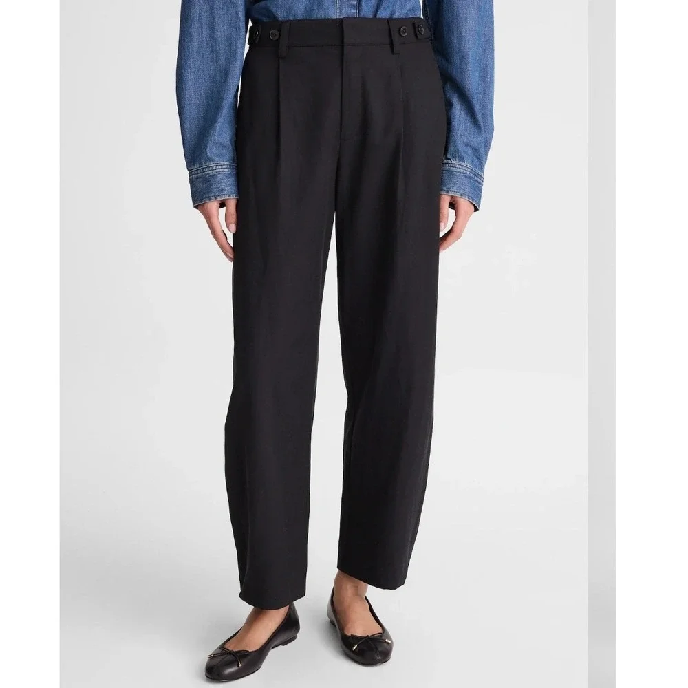 Madewell Barrel-Leg Trouser Pant Black Drapey Twill Lyocell Linen Pleated Size 8